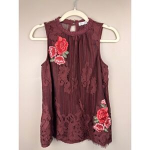 Skylar + Jade Burgundy Lace Embroidered Floral Sleeveless Top T1813-AAA Medium